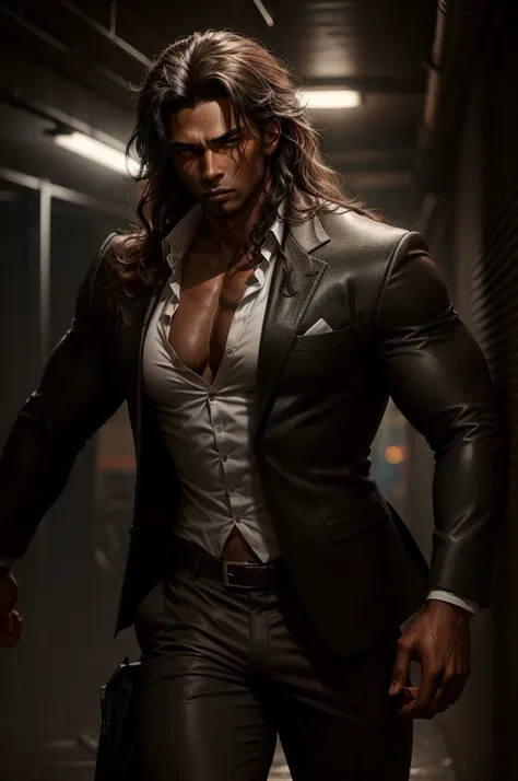 male, muscular, brown skin, long brown curly hair, dark suit pants, black blazer and white shirt, urban background, night, in a ...