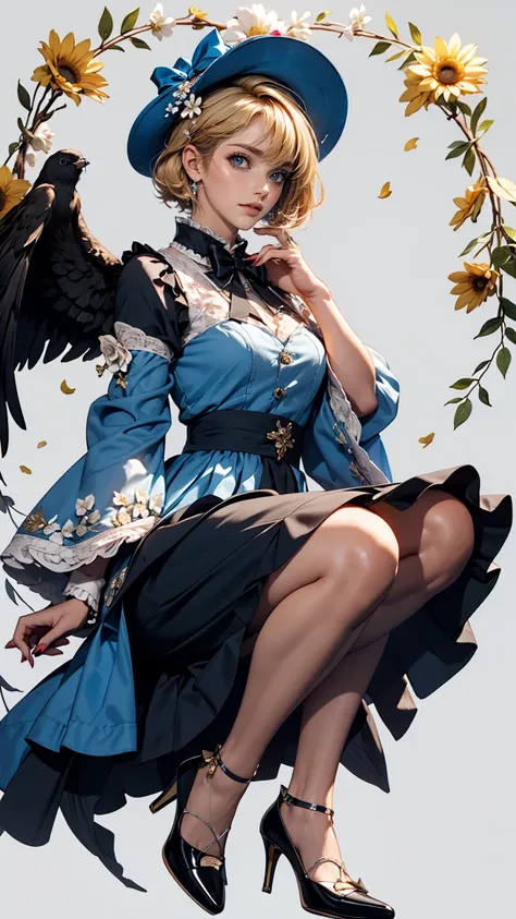 uekura, One girl, Blonde Hair,  Have, dress, Blue footwear, wing, Simple Background, sign, flower, Manicure, Wide sleeves, Long sleeve, blush, animal, white flower, alone, whole body, bird, View Viewer, High heels, Put your hand on your cheek, put your han...