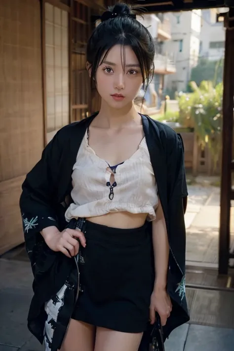 momohinamori, momo hinamori, black hair, hair bun, single hair bun, bun cover, short hair, (black eyes:1.5),
BREAK long sleeves, japanese clothes, kimono, haori, black BIKINI, hakama, black hakama,
BREAK JAPANESE HOUSES,
BREAK looking at viewer, (cowboy sh...