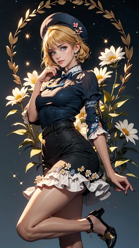 uekura, One girl, Blonde Hair,  Starry background、Have, dress, Blue footwear, wing, Simple Background, sign, flower, Manicure, Wide sleeves, Long sleeve, blush, animal, white flower, alone, whole body, bird, View Viewer, High heels, Put your hand on your c...