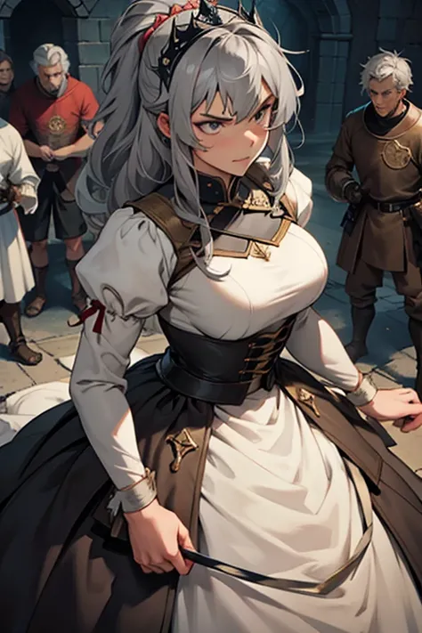 princess is in a prison, tied up, dirty, gray-haired, surrounded by angry knights