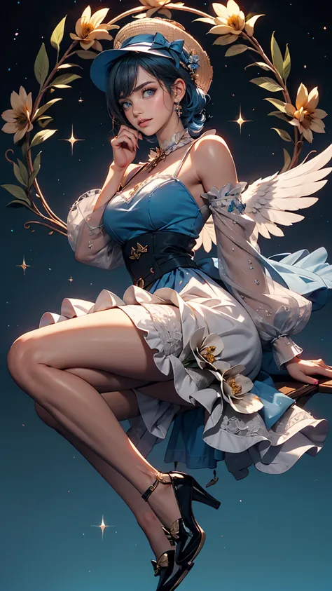 uekura, One girl, Shiny blue hair, Starry background、Have, dress, Blue footwear, wing, Simple Background, sign, flower, Manicure, Wide sleeves, Long sleeve, blush, animal, white flower, alone, whole body, bird, View Viewer, High heels, Put your hand on you...