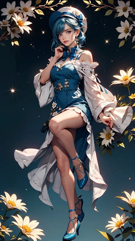 uekura, One girl, Shiny blue hair, Starry background、Have, dress, Blue footwear, wing, Simple Background, sign, flower, Manicure, Wide sleeves, Long sleeve, blush, animal, white flower, alone, whole body, bird, View Viewer, High heels, Put your hand on you...