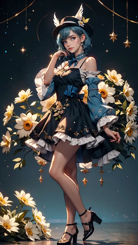 uekura, One girl, Shiny blue hair, Starry background、Have, dress, Blue footwear, wing, Simple Background, sign, flower, Manicure, Wide sleeves, Long sleeve, blush, animal, white flower, alone, whole body, bird, View Viewer, High heels, Put your hand on you...