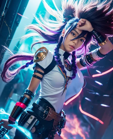 (masterpiece, highest quality), (Perfect athletic body: 1.2), (Detailed Hair), Super detailed, Anime Style, whole body, alone, Cyberpunk Magical Girl, Colorful hair braided together, Armored Magical Diva Outfit, Mechanical microphone weapon raised, Wear te...