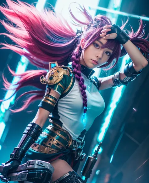 (masterpiece, highest quality), (Perfect athletic body: 1.2), (Detailed Hair), Super detailed, Anime Style, whole body, alone, Cyberpunk Magical Girl, Colorful hair braided together, Armored Magical Diva Outfit, Mechanical microphone weapon raised, Wear te...