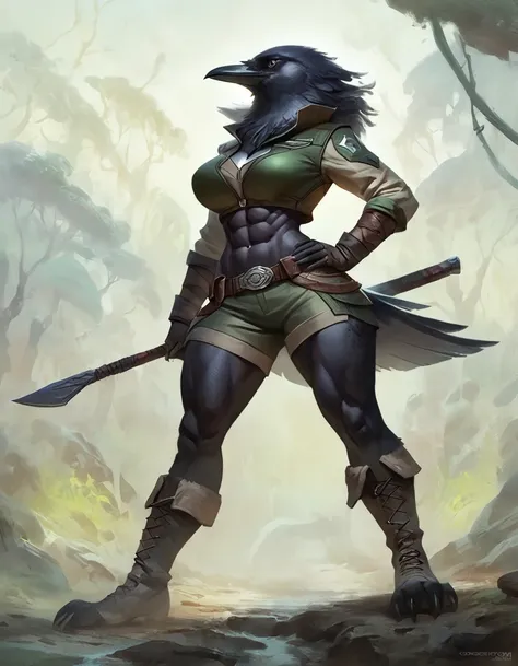 Female anthro crow, concept art, masterpiece, big body, abs, high quality, feet, shorts, ranger outfit, pose