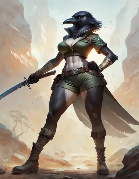 Female anthro crow, concept art, masterpiece, big body, high quality, feet, shorts, ranger outfit, pose