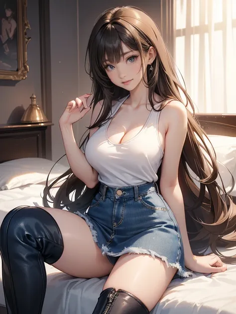 (Increase contrast)、(Increase saturation)、(27 year old super beautiful girl)、(Fair skin)Beautiful woman with perfect figure、Embarrassed face、long hair、(White sexy tank top、Cleavage、Round and firm big breasts)((Very short denim mini skirt、Knee-high boots)) ...