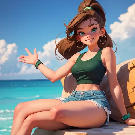 Girl in short shorts and tank top sitting waving and smiling Teen girl with a ponytail, freckles, green eyes and brown hair Very feminine face With converse sneakers grande busto playera ajustada realistic apariencia proporciones realistas 