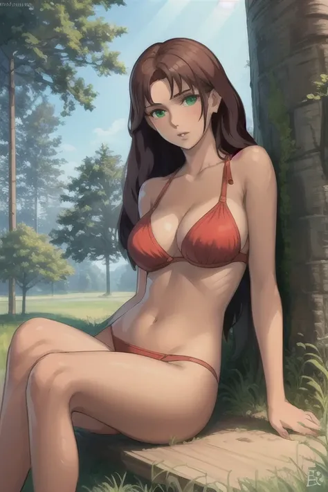 Olga Dmitrievna, 1 Girl, One, long hair, I look at the viewer, in a red bra, in a red bikini, Brown hair, long sexy legs, sexuality, wound, green eyes,  On open air, parted lips, day, soft skin, tree, Sun Ray, land vehicle,