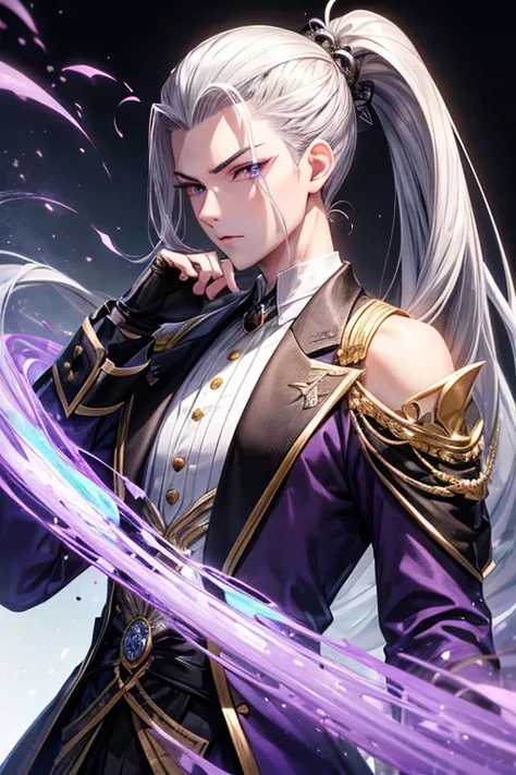 A hairstyle in which the entire hair is slicked back、Odd Eye、Silver hair back、male、Her hair is shoulder-length、Odd Eye、maleの左目赤色、male右目青、Purple coat、Increase the wide angle、Clear Eyes、