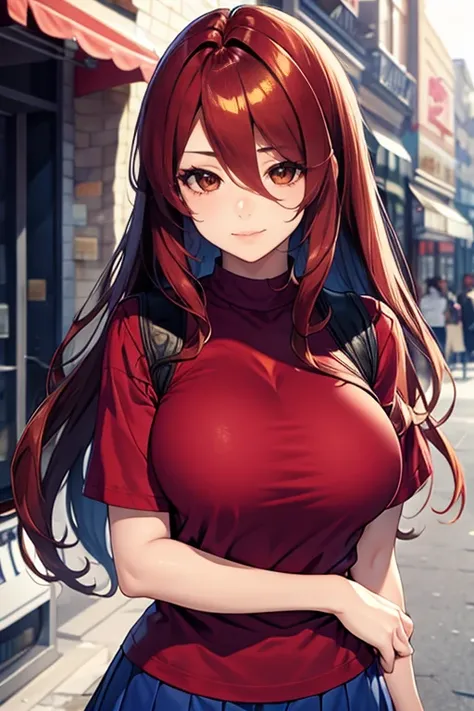 ((In the style of a hentai)), (Masterpiece, Best quality), (( intricate Face, bright eyes )), BREAK, brown eyes, red hair, long hair, wavy hair, hair over one eye, BREAK, red shirt, blue skirt, big breasts, big smile, BREAK, cityscape background, tsundere