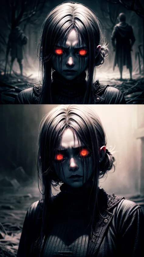 (Assura pushing frightened girl),(best quality,highres,ultra-detailed,realistic:1.2),detailed facial expressions,towering Asura,beautiful terrified eyes,detailed scared lips,girl hiding behind Asura,dark,atmospheric lighting,dramatic shadows,dark fantasy t...