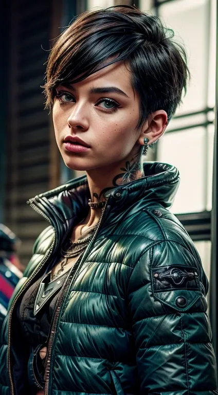 realistic,photo,35mm,cinematic(1woman with super puffer balenciaga jacket with short hair,neck tattoos)colorful background graphite,ultra sharp