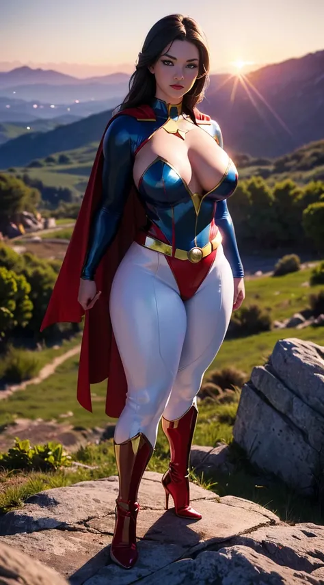 Superman (woman, Superman Glossy enamel costume in white with red and gold details) от DC Comics, CGI with clear focus, Photorealistic, high detail, Realistic, Masterpiece, absurdress, Best Quality, HDR, hiquality, hight resolution, Extremely detailed, 8k ...