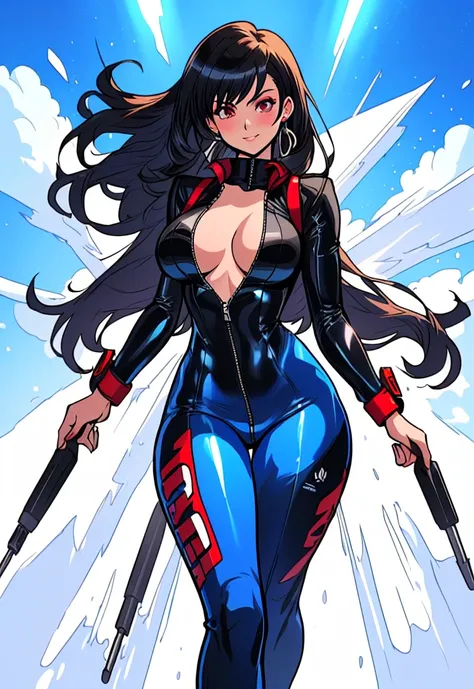 (a cartoon picture of a solo woman in a blue latex suit inspired by: nico robin, tifa lockhart, marin kitagawa fanart, hinata hyuga, mayuri shiina, character from king of fighters, drawn like the anime speed racer), seductive anime girl,  thicc, biomechani...