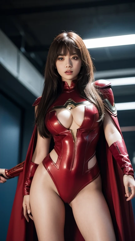 Busty women，One Girl，From below，Blunt bangs，Thighs，Waist-length hair，superhero suit