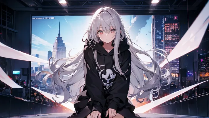 woman using computer with big screen、silver hair、semi-long hair,{{{{{{{{ black hoodie oversized }}}}}}}},beautiful and delicate ...