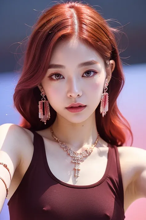 (very detailed body、very detailed face、Best quality:1.2)、FEMALES、I look at the audience、((Wine red gradient hair color、earrings、necklace、bracelet、Fashionable clothes, Одежда Fusion Show Fantastico)、selfie