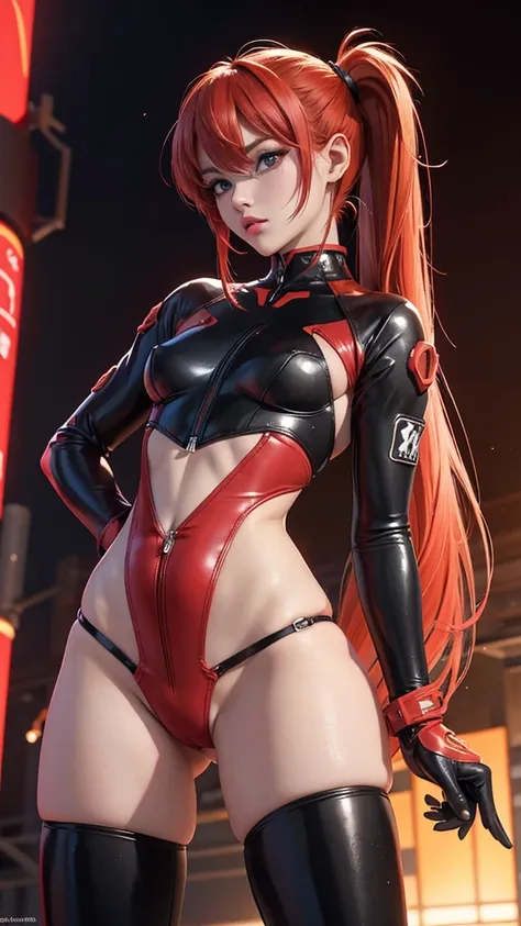 Asuka Langley sexy, neon genesis evangelion, semidesnuda, traje iconico rojo sexy,very sexy small red clothes, joven, cuerpo muy delgado, super skynny body, small and beautiful buttocks, abdomen tonificado, puedo ver sus senos grandes y perfectos,, guantes...