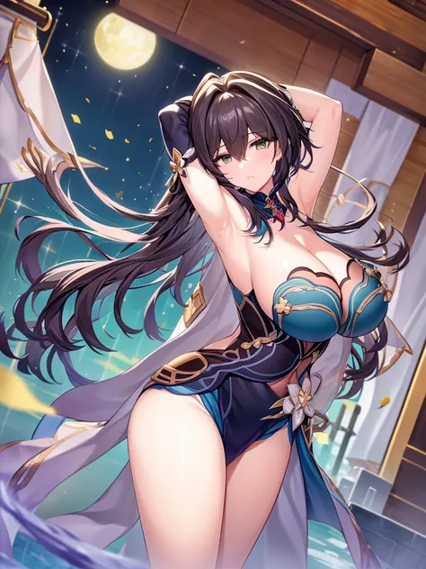 masterpiece, highest quality:1.2), One woman, alone, ruanmei，ruan mei(honkai starrail), ,Shiny skin,、Very thick legs、Long legs、side、Armpit、Put your hands behind your head、Very huge breasts、Composition from the front、Gigantic Breasts:1.98