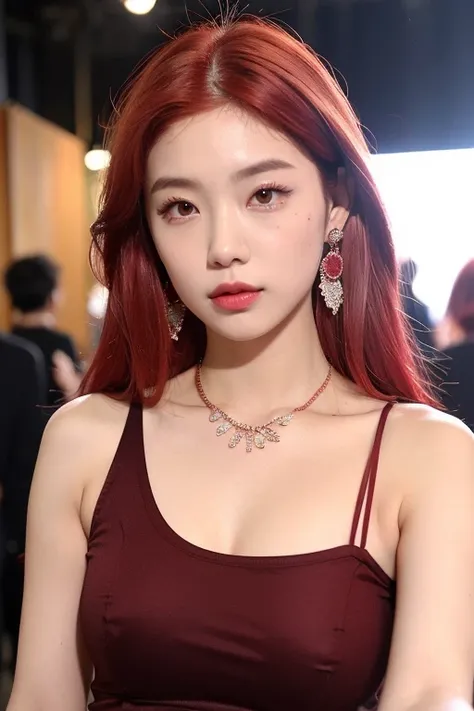 (very detailed body、very detailed face、Best quality:1.2)、FEMALES、I look at the audience、((Wine red gradient hair color、earrings、necklace、Bracelet、Fashionable clothes, Одежда Fusion Show Fantastico)、selfie, black clothes 