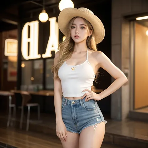 Highest quality，26 years old，woman，Long Hair，Light blonde hair color，Soft wavy hairstyle，With big eyes、Deep blue，Bright、Has a lively expression，Healthy and bright skin tone，Thick lips，flom below，whole body，Thighsは少し太め，Looking at the camera，Cinema Lighting，...