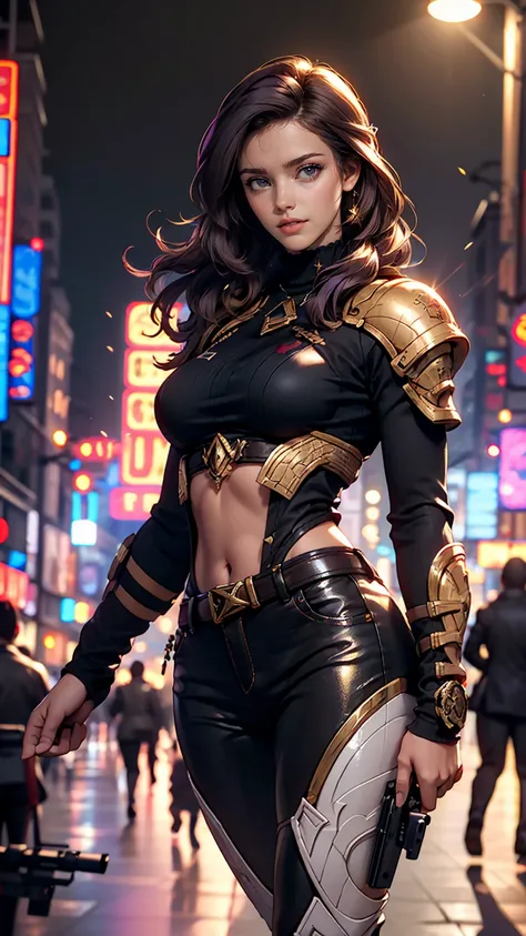 cute brown skin girl, Sexy Body, wavy purple hair [Shades of black], Golden Eyes (Shiny), Ultra-realistic eyes, With a pistol, Jumping, Sniper Equipment, Valorant Riot Games, Round face, Realistic lighting, Radio City, close.