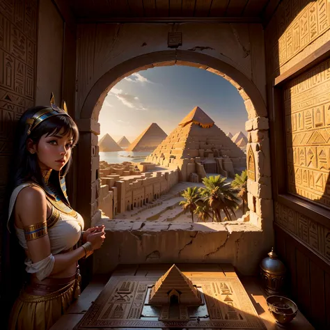 a beautiful woman looks in amazement from inside the pyramid (home) at the beautiful exterior landscape of egypt. ancient egypti...