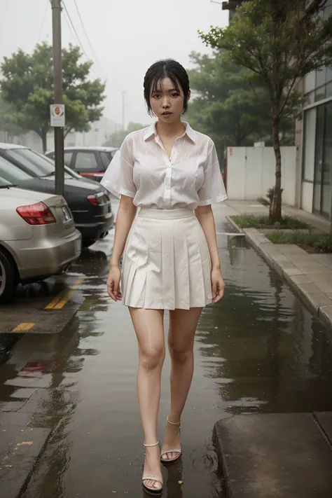 a korean woman in a white shirt and black pleated skirt, short hair, large breasts, a picture, tumblr, shin hanga, misty and wet, outside in parking lot, realistic. cheng yi, transparent cloth, full body