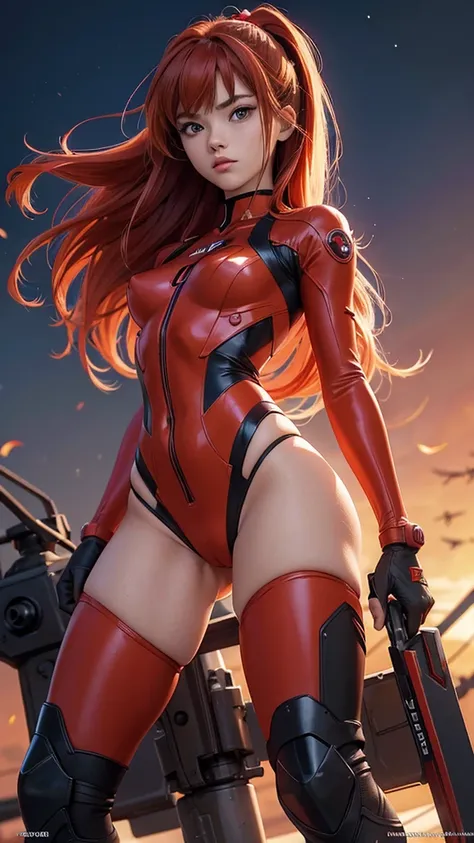 Asuka Langley sexy, NERV, neon genesis evangelion, semidesnuda, traje xon logo de NERV iconico rojo sexy,very sexy small red clothes, joven, cuerpo muy delgado, super skynny body, small and beautiful buttocks, abdomen tonificado, puedo ver sus senos grande...