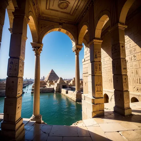 ((A beautiful Woman)) looks in amazement from inside the Pyramid (home) at the beautiful exterior landscape of Egypt. Ancient Egyptian civilization, wide shot, the Nile River, new pyramid, pyramid building, modern Egypt but 3500 BC The river extends to the...