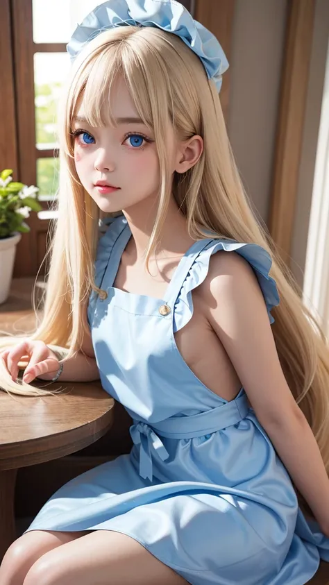 The Highest Quality、Ultra high Resolution、Photograph、Ultimate Beauty、Photo of a bright beautiful and cute beautiful girl、detailed Face、(PureErosface_V1:0.008)、Glossy white beautiful skin、Alice in Wonderland、13 years old、Beautiful bangs、Silky shiny platinum...