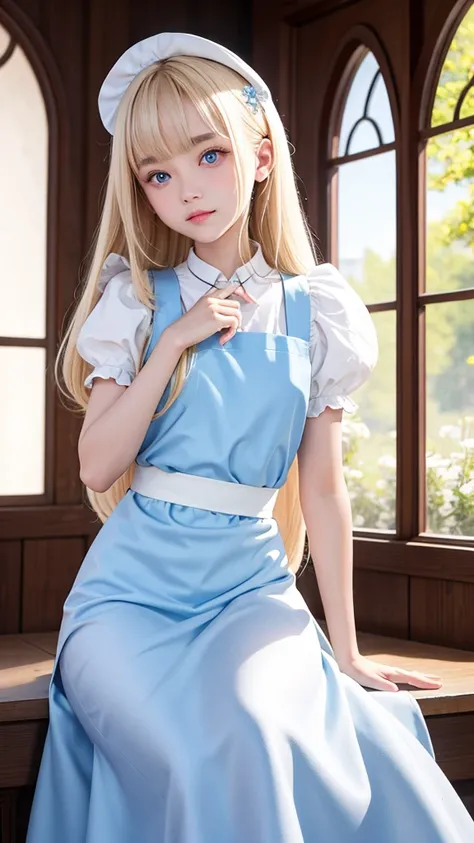 The Highest Quality、Ultra high Resolution、Photograph、Ultimate Beauty、Photo of a bright beautiful and cute beautiful girl、detailed Face、(PureErosface_V1:0.008)、Glossy white beautiful skin、Alice in Wonderland、13 years old、Beautiful bangs、Silky shiny platinum...