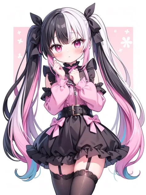 1girl, best quality, perfect hands, very long hair, multicolored hair, white hair, black hair, pink streaked hair, pink colored inner hair, white to pink gradient hair, black thighhighs, twintails, hair ribbon, bow, black thighhighs, black garter straps, j...