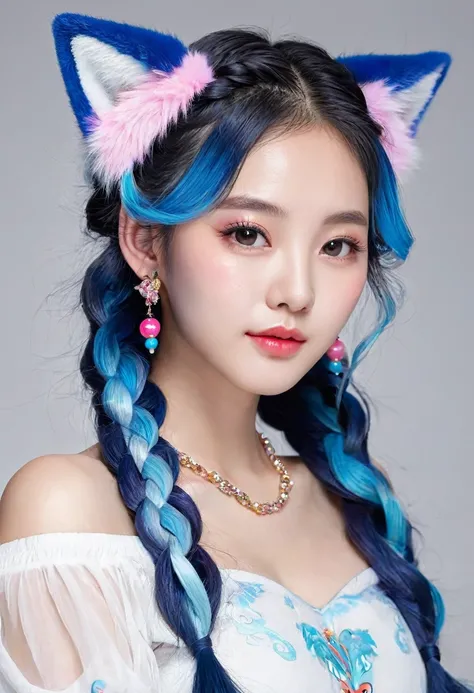 Masterpiece, Best Quality, High Resolution, (White Background: 1.4), [Glitter], [Looking at the Viewer, Portrait, 1 Sweet Chinese Girl], (Long Hair, Blue Hair, Wavy Curls, Multicolored Twisted Big Braid: 1.3, Furry Fox Ears, Air Bangs), White Off-the-Shoul...