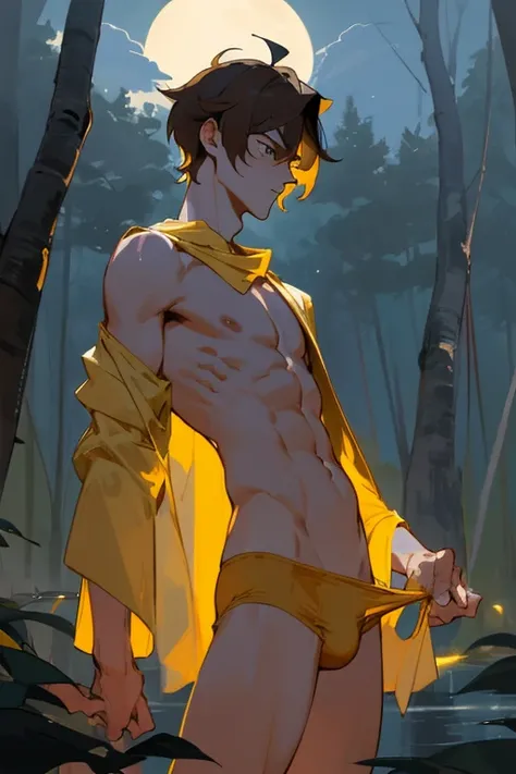 Beste-Qualit, master piece, ultra highres, detailed background, Realstic, solo, young guy, Warm up, Zagreus, 18 years, Yellow briefs, without outerwear, bare top,  slender body, immature, immature male, ash hair, the forest, night, Moonlight, lake