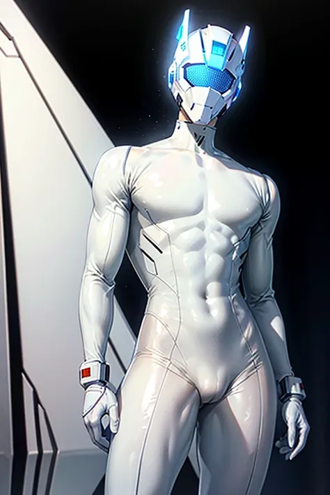 (White body suit), masterpiece, futuristic suit, gloves, white gloves, skin tight bodysuit, toned male, teenager, young male, beautiful face, bodysuit, (futuristic), (sci fi suit), toned male, bulge, shoulder guard, neck guard, blue eyes, tight white glove...