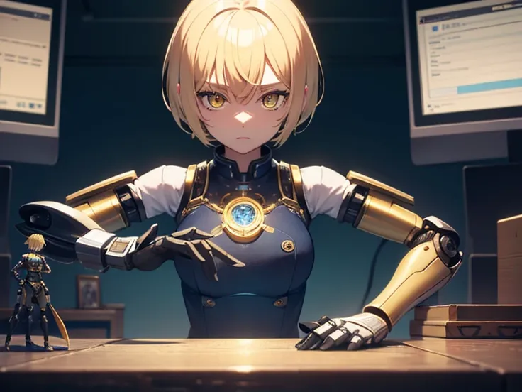  Robot on the desk, Miniature, , blonde, short cut hair, yellow eyes, ilustration, blue details, golden symbols, Automata