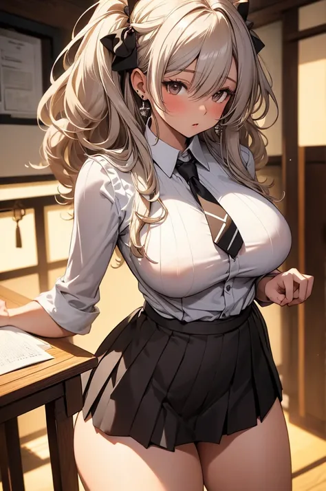 ((masterpiece,intricate details)),realistic, photorealistic,1girl,mature female,brown eyes,blush,
Voluminous afro,,silver hair,
:o,
large breasts,
thick thighs,
put ones legs together:1.2,
,
necktie,
pleated skirt,
white legwear,
wedge heels,
cameltoe,rain...