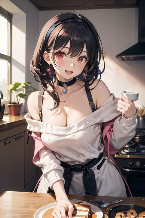 masterpiece, 1girl, Amazing Cleavage:1.3, thin waist, big ass, Raised sexy, medium breast:1.3,posed cleavage:1.2,solo, looking at viewer, open mouth, have a cup of coffee,black hair, red eyes, dress, bare shoulders, jewelry, collarbone, sidelocks, hairband...