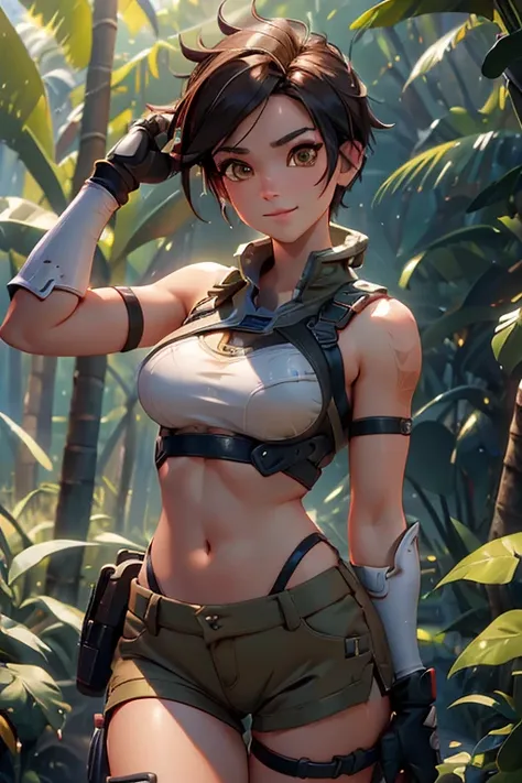 1girl, exploring a beautiful rainforest, paradise, (masterpiece), (best quality), tracerover, 25 years old, brown hair, spiked hair, short hair, Lara Croft style shorts and crop top, orange goggles, ((detailed)), ((best quality)), ((masterpiece)), extremel...