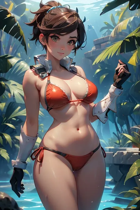 1girl, swimming underwater, looking at beautiful coral reefs and fish, tropical paradise, (masterpiece), (best quality), tracerover, 25 years old, brown hair, spiked hair, short hair, sexy bikini, dive mask, ((detailed)), ((best quality)), ((masterpiece)),...