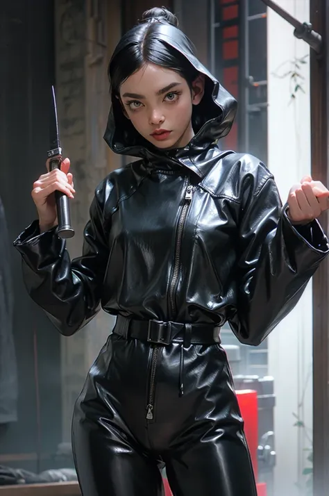 there is a woman in a black latex outfit holding a knife, latex suit and raincoat, wearing black latex outfit, black latex, late...