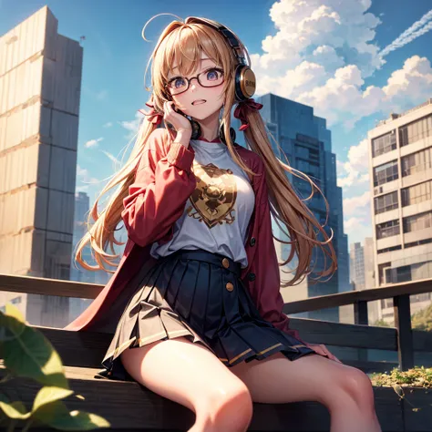 Pink gold golden hair、Golden Eyes、One good looking girl、Twin tails、solo、anime、Checkered mini skirt、The skirt has buttons、Red T-shirt、Long sleeve、China、Cape、Black knee-high socks、Wearing headphones、Wearing a ribbon、Ribbon on waist、Tilting face、Teeth are vis...