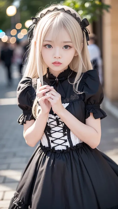 (masutepiece, Best Quality:1.2), 8K, 85 mm, Official art, Raw photo, absurderes, Platinum Blonde Hair, (Blue eyes, Lolita Fashion, sweetlolita, Gothic, Dress:1.2), Idol face, Upper body, Beautiful Girl, gardeniass, Copenhagen, Short sleeve, Elegance, Sophi...