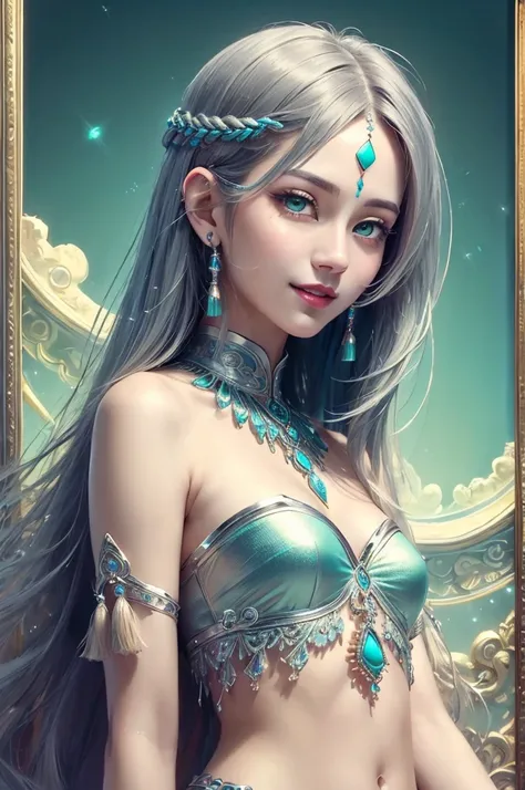 (masterpiece、highest quality、highest quality、Official Art、aesthetics:1.2)、(1 Girl:1.3)、(Fractal Art:1.3)、Focus on the eyes、Beautiful neon green eyes、Beautiful Skin、Archaic Smile、Medium length hair with silver tassels、Turquoise、Sparkling、ultra precise detai...