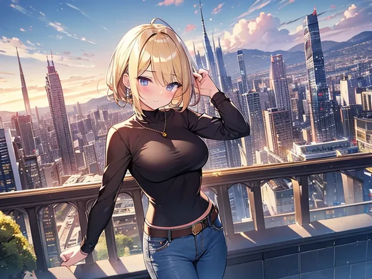 Masterpiece, Top quality, 1 beautiful girl, Blonde, short Hair, slicked back hair, silky hair, 25 year old, standard weight, medium breasts, jeans, chuckle, blush, beautiful scene of city, blurry background, magnificent panorama view, dynamic pose, from ab...