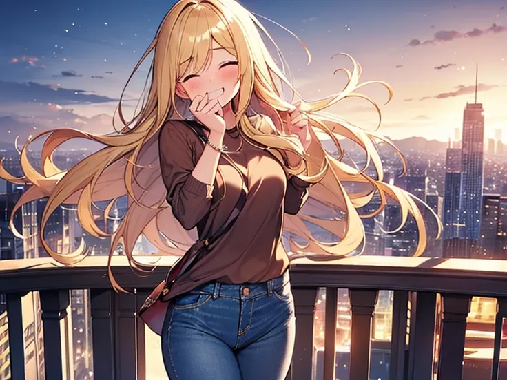 Masterpiece, Top quality, (1 beautiful girl :1.2), Blonde, straight hair, fishtail braid, 20 year old, standard weight, (jeans :1.2), laugh, blush, closed eyes, beautiful scene of city, blurry background, (magnificent panorama view :1.1), dynamic pose